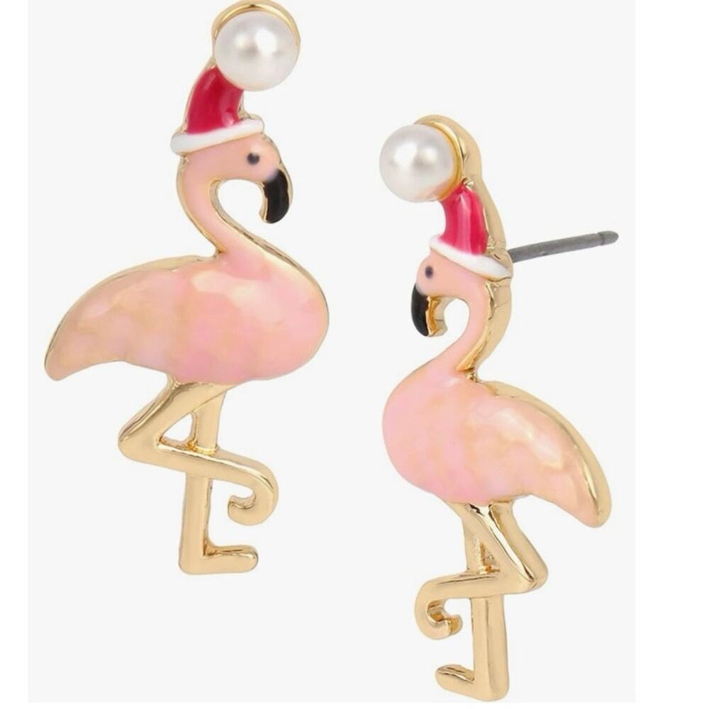 Betsey Johnson Red‎ Hat Santa Flamingo Stud Earrings, PINK, 373135GLD650 New